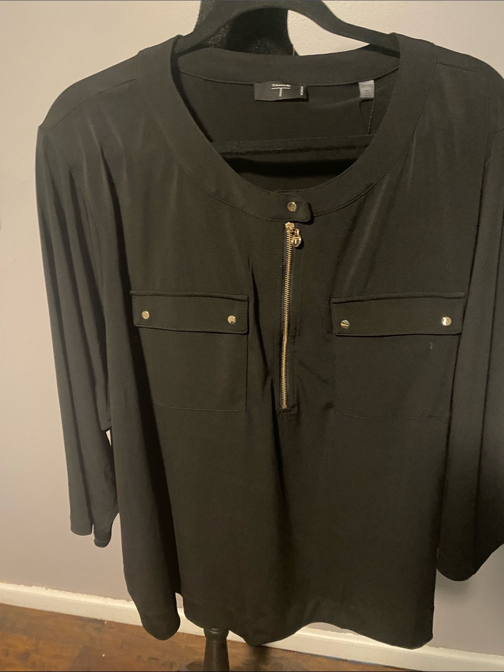 Tahari Black Blouse with Gold Zip Pull